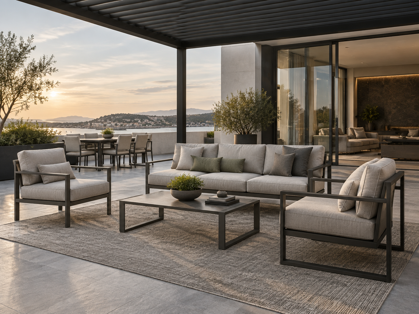 Outdoor modular sofa with matching seat and back cushions on a private patio